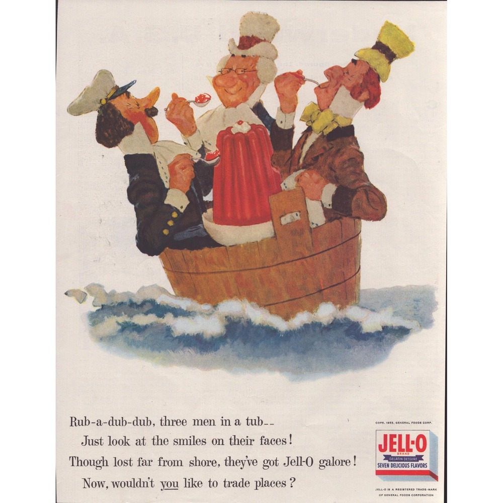1955 Jell-O Gelatin Print Ad Rub-a-dub-dub Three Men in a Tub General Foods Vtg